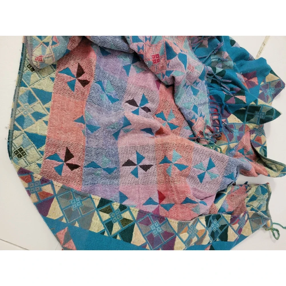 Womens Teal Geometric Scarf Multicolor Pinwheel Diamond Pattern Fringe Boho